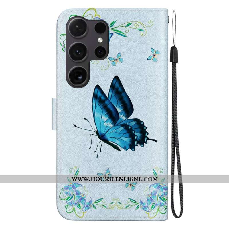 Housse Samsung Galaxy S24 Ultra 5G Papillon Bleu et Fleur à Lanière