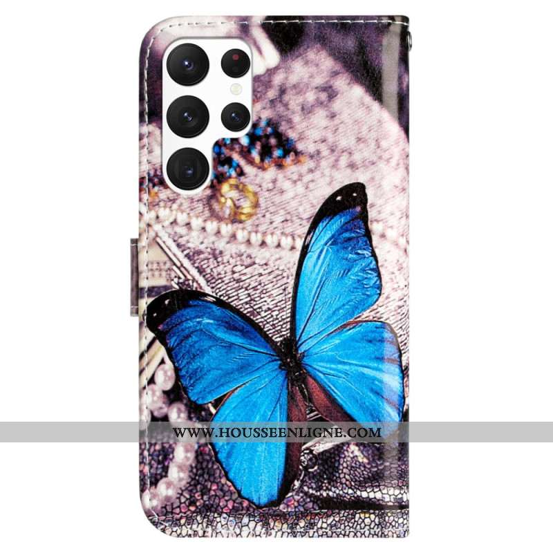 Housse Samsung Galaxy S24 Ultra 5G Papillon Bleu à Lanière