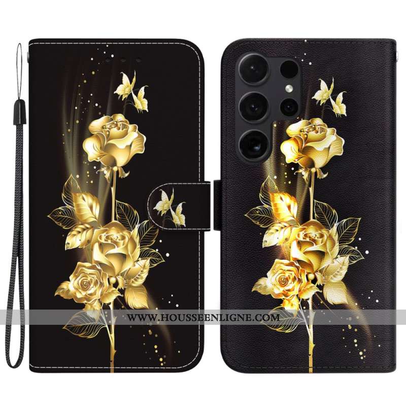 Housse Samsung Galaxy S24 Ultra 5G Papillon et Rose Dorés à Lanière