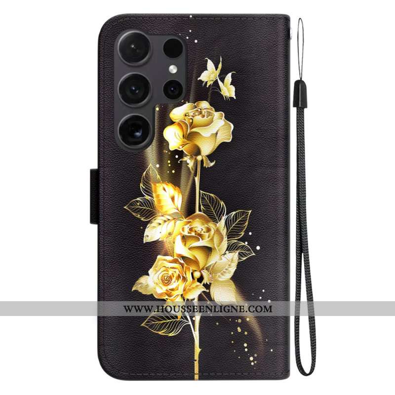 Housse Samsung Galaxy S24 Ultra 5G Papillon et Rose Dorés à Lanière