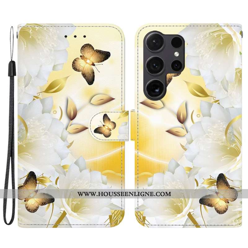 Housse Samsung Galaxy S24 Ultra 5G Papillons Dorés et Fleurs Blanches à Lanière