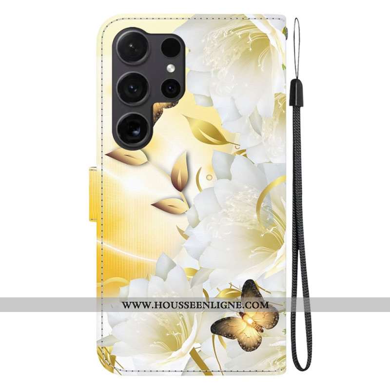 Housse Samsung Galaxy S24 Ultra 5G Papillons Dorés et Fleurs Blanches à Lanière