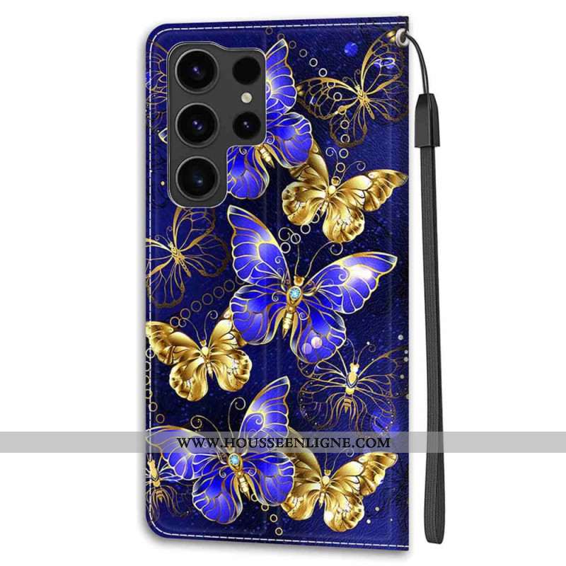 Housse Samsung Galaxy S24 Ultra 5G Papillons Dorés et Violets à Lanière