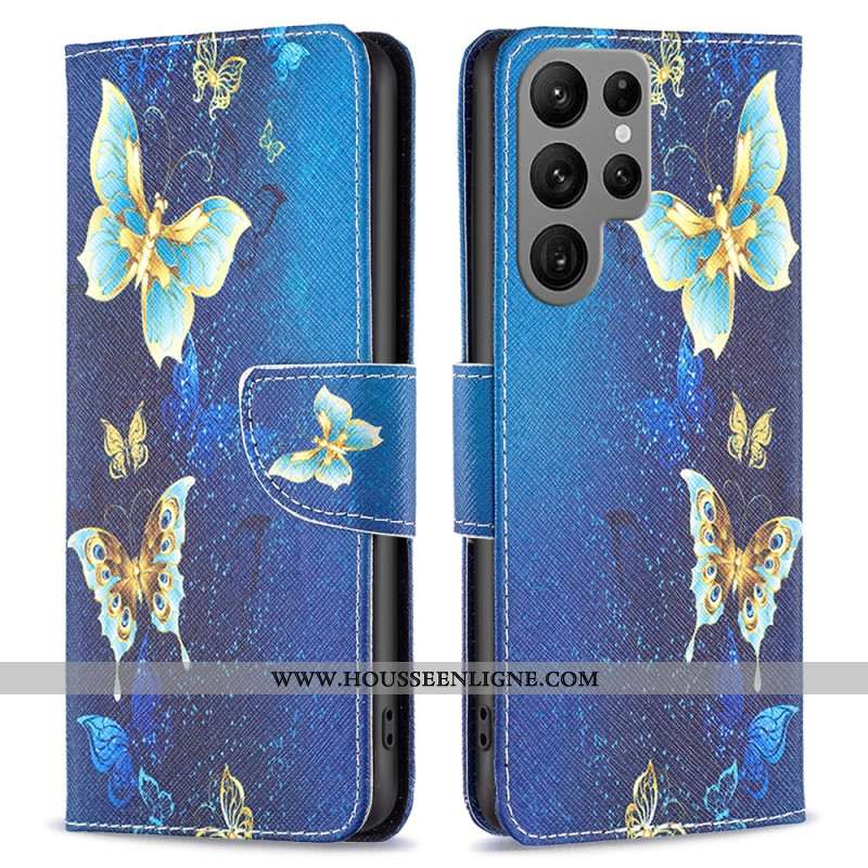 Housse Samsung Galaxy S24 Ultra 5G Papillons Dorés sur Fond Bleu