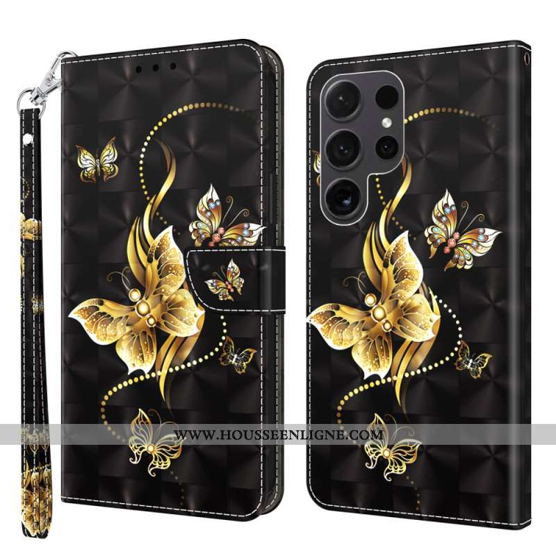 Housse Samsung Galaxy S24 Ultra 5G Papillons Dorés à Lanière