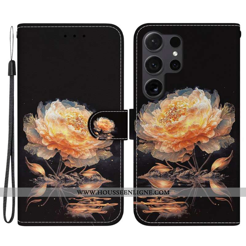 Housse Samsung Galaxy S24 Ultra 5G Pivoine Dorée à Lanière