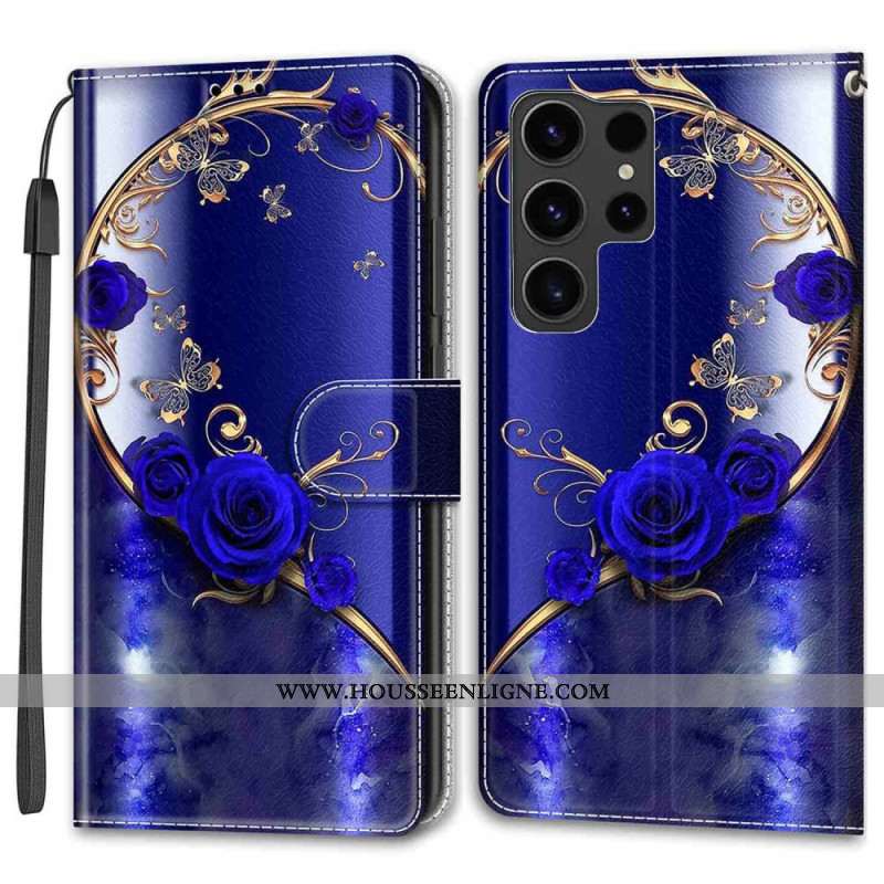 Housse Samsung Galaxy S24 Ultra 5G Rose Bleue et Papillons Dorés à Lanière