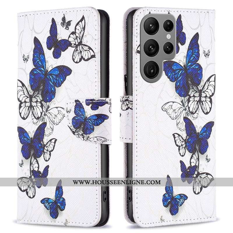 Housse Samsung Galaxy S24 Ultra 5G Vol de Papillons Bleus