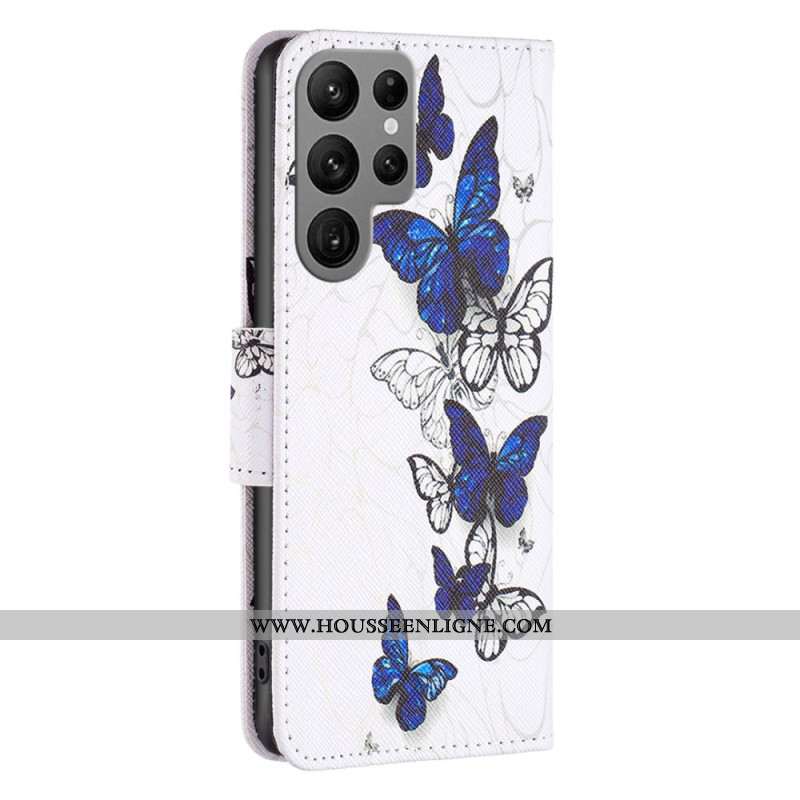 Housse Samsung Galaxy S24 Ultra 5G Vol de Papillons Bleus