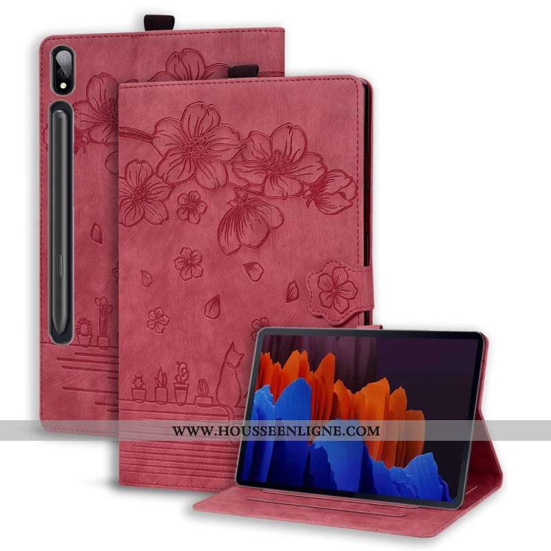 Housse Samsung Galaxy Tab S9 Plus Motif Chat et Fleurs