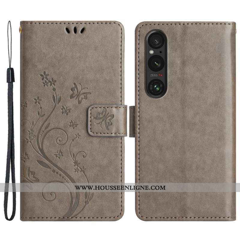 Housse Sony Xperia 1 VI Fleurs et Papillons à Lanière