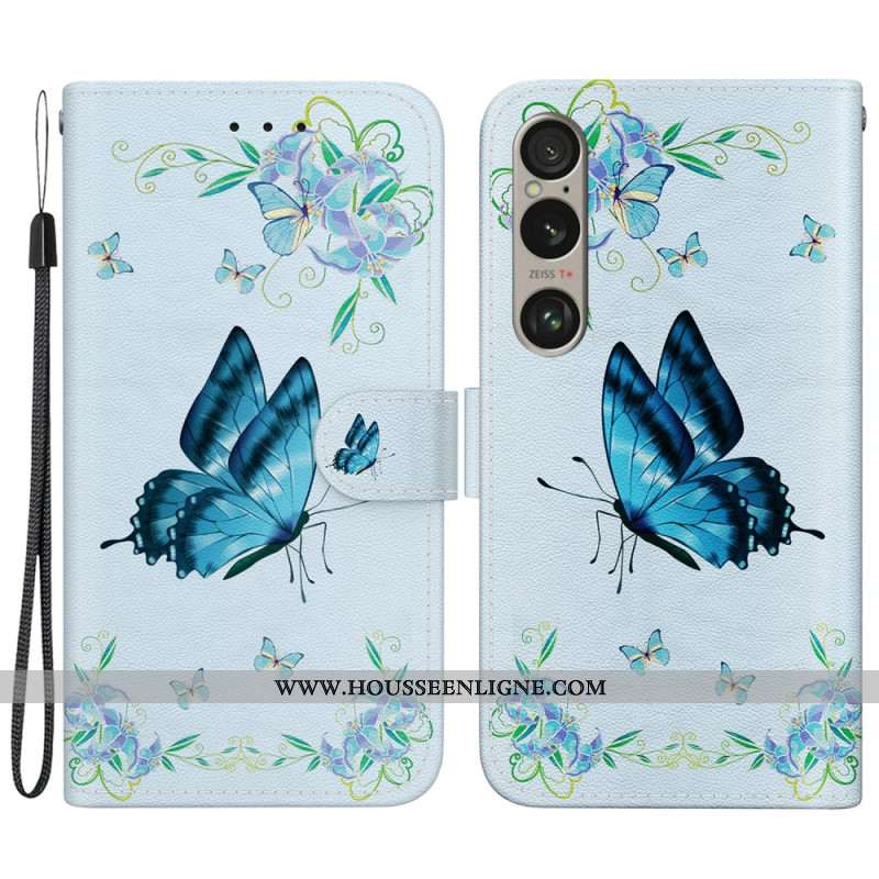 Housse Sony Xperia 1 VI Papillon Bleu et Fleurs à Lanière