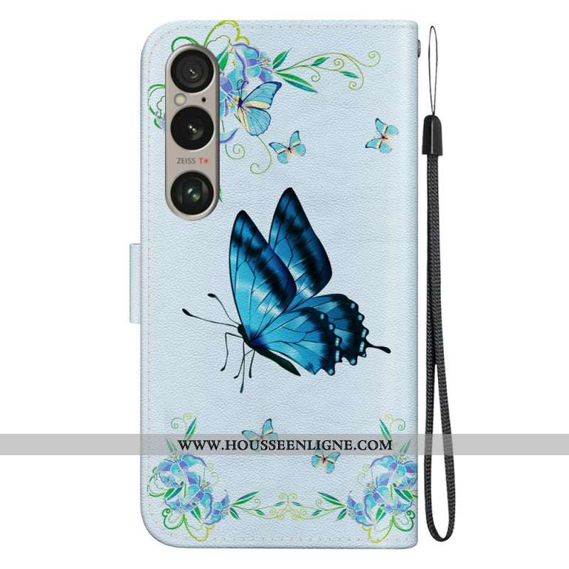 Housse Sony Xperia 1 VI Papillon Bleu et Fleurs à Lanière