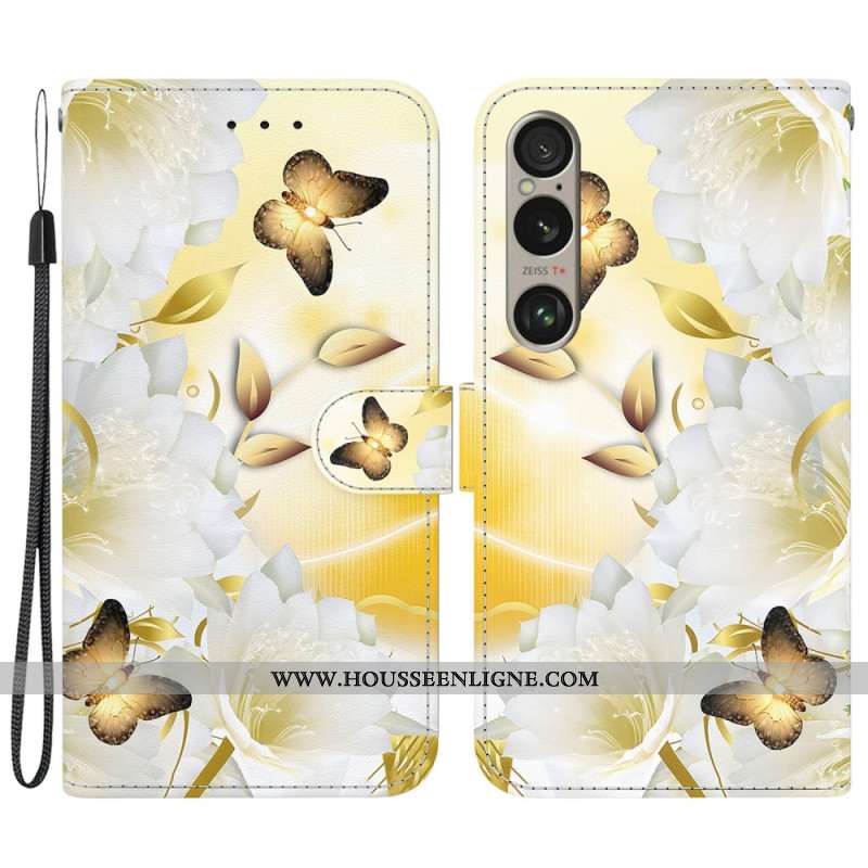 Housse Sony Xperia 1 VI Papillons Dorés et Fleurs Blanches à Lanière