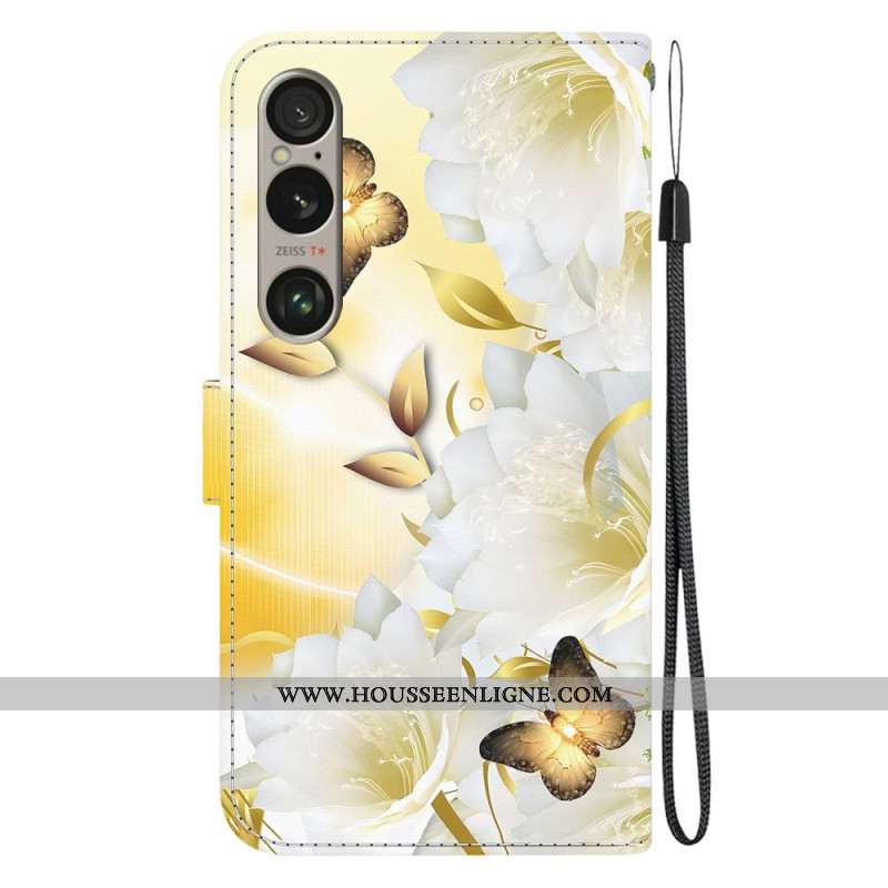 Housse Sony Xperia 1 VI Papillons Dorés et Fleurs Blanches à Lanière