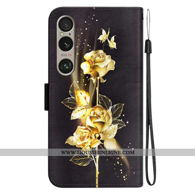 Housse Sony Xperia 1 VI Papillons d'or et Roses à Lanière