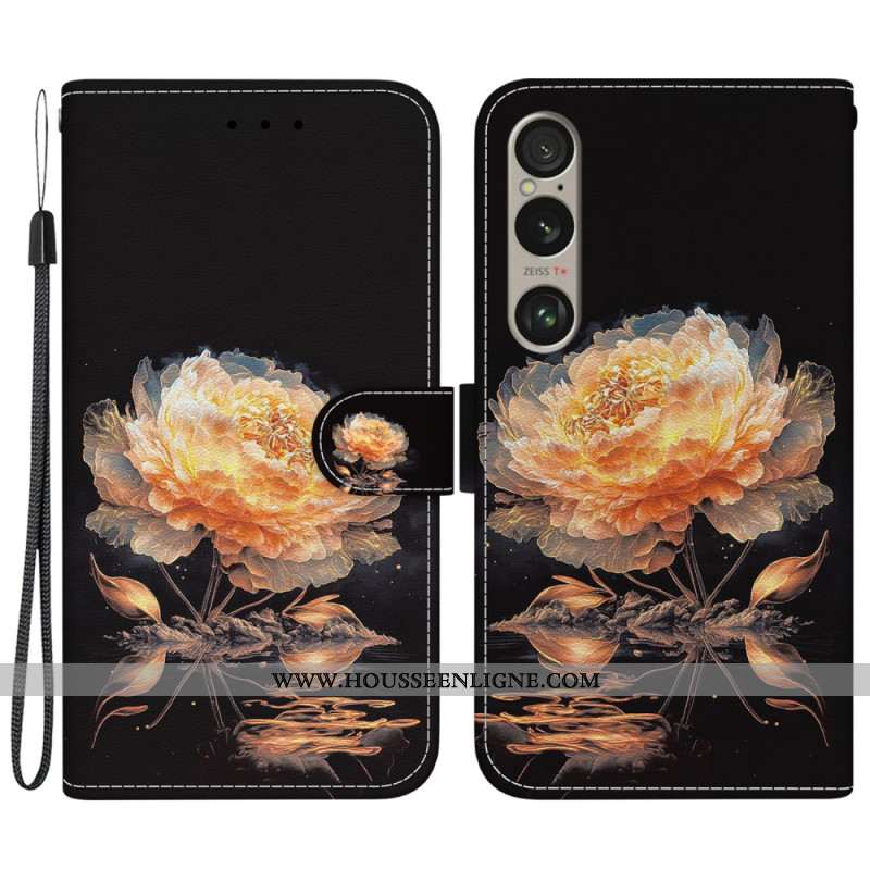 Housse Sony Xperia 1 VI Pivoine Dorée à Lanière