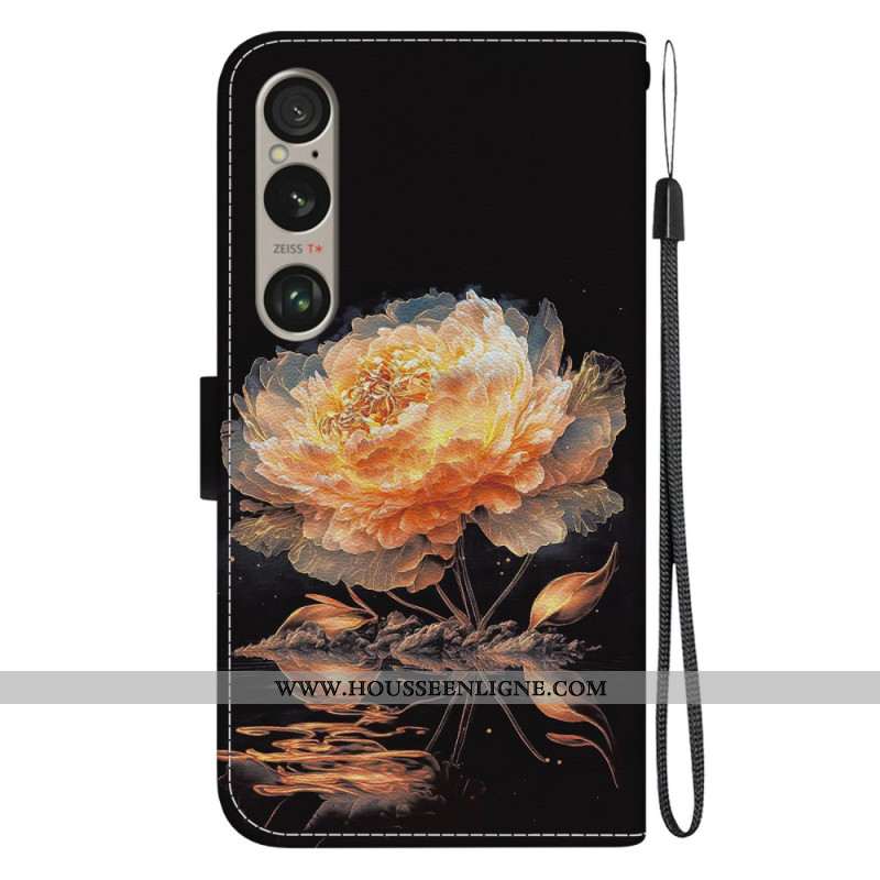 Housse Sony Xperia 1 VI Pivoine Dorée à Lanière