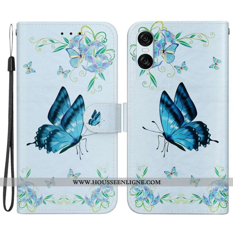 Housse Sony Xperia 10 VI Papillon Bleu et Fleurs à Lanière