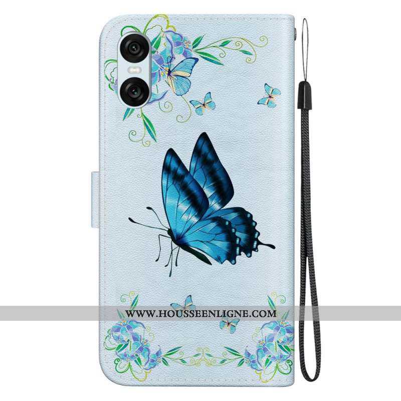 Housse Sony Xperia 10 VI Papillon Bleu et Fleurs à Lanière