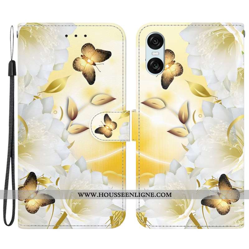 Housse Sony Xperia 10 VI Papillons Dorés et Fleurs Blanches à Lanière