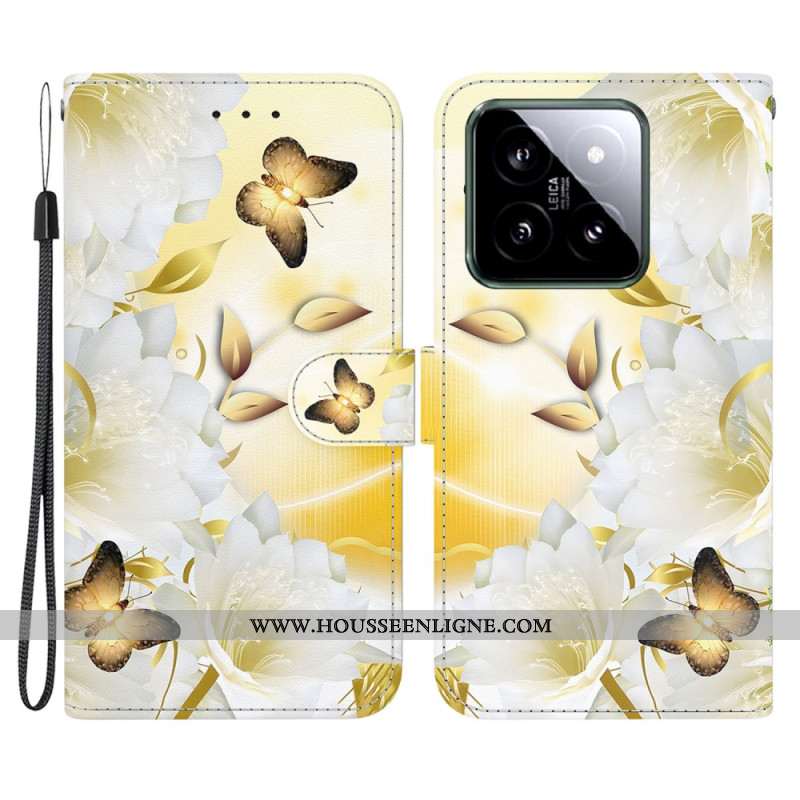 Housse Xiaomi 14 Papillons Dorés et Fleurs Blanches à Lanière