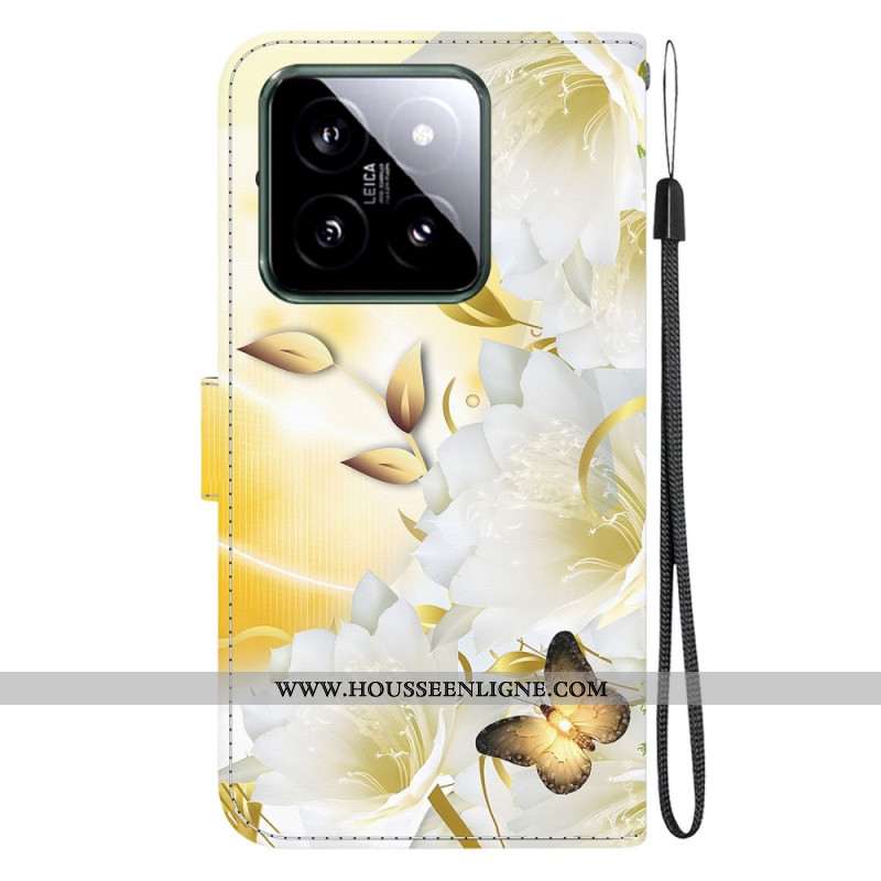 Housse Xiaomi 14 Papillons Dorés et Fleurs Blanches à Lanière