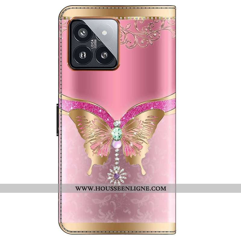 Housse Xiaomi 14 Pro Papillon Rose et Or