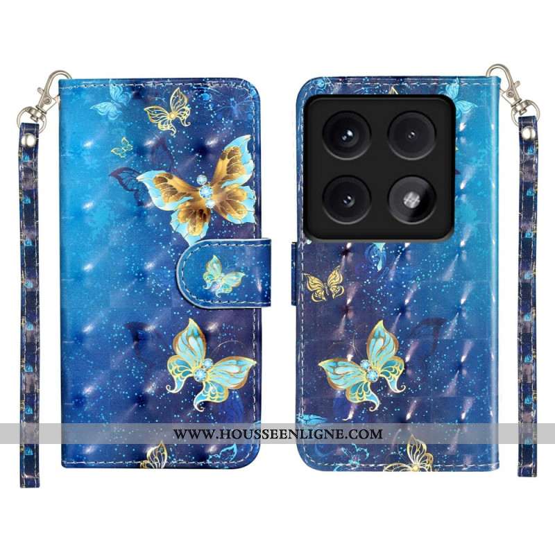 Housse Xiaomi 14T Papillons Bleus et Dorés à Lanière