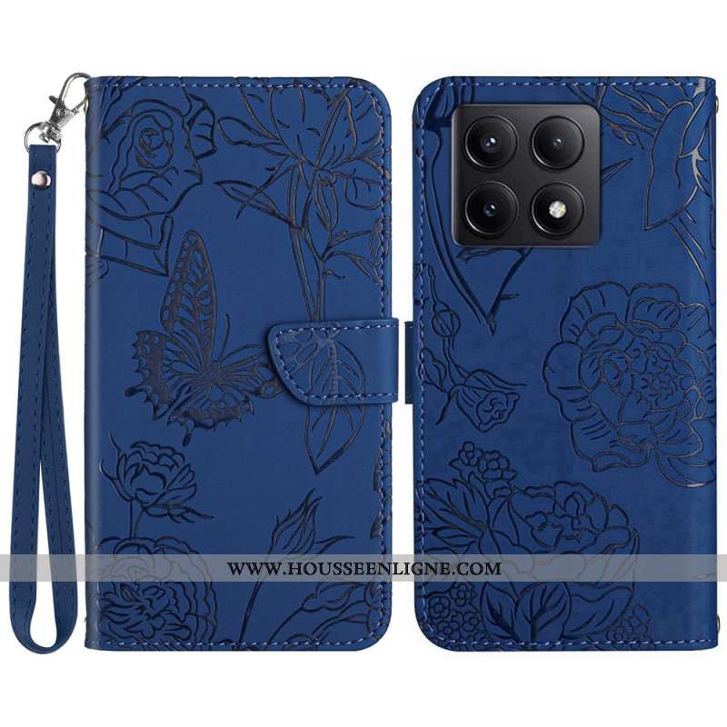 Housse Xiaomi 14T Pro Motif Papillons et Fleurs à Lanière