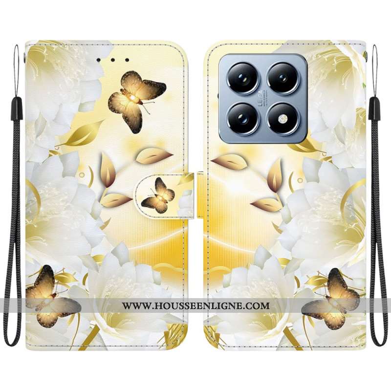 Housse Xiaomi 14T Pro Papillons Dorés et Fleurs Blanches