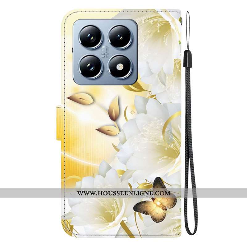 Housse Xiaomi 14T Pro Papillons Dorés et Fleurs Blanches