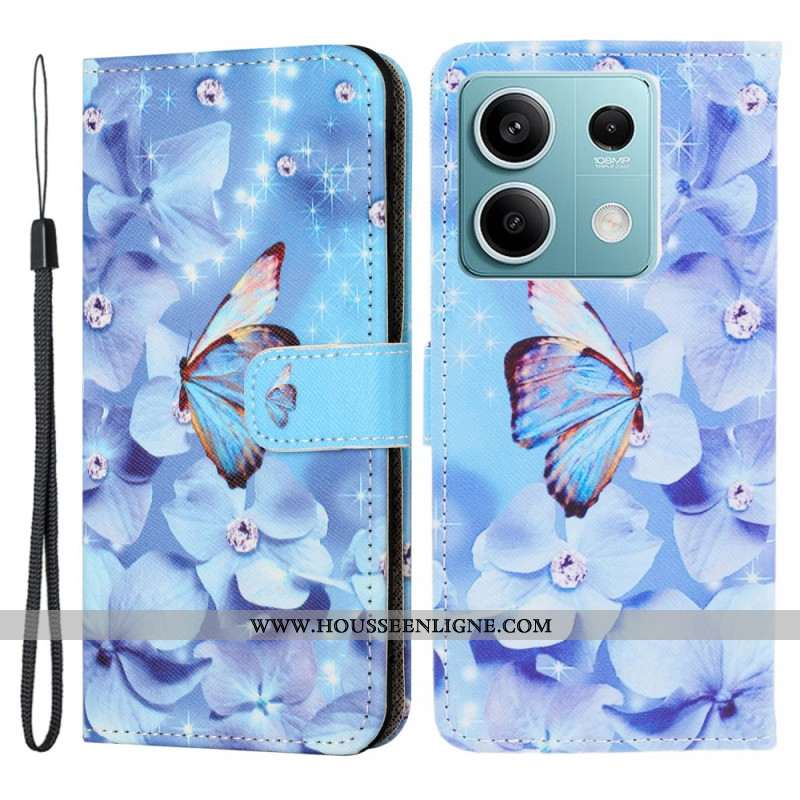 Housse Xiaomi Redmi Note 13 4G Fleurs et Papillon Bleus à Lanière