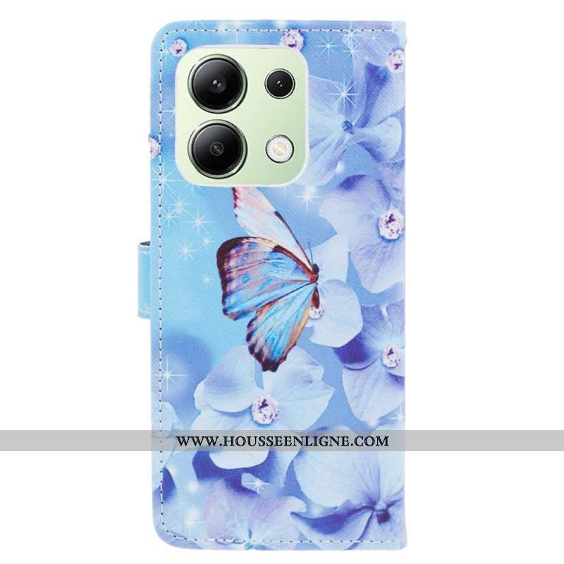 Housse Xiaomi Redmi Note 13 4G Fleurs et Papillon Bleus à Lanière