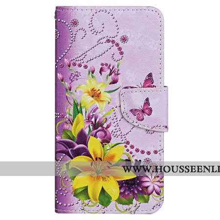 Housse Xiaomi Redmi Note 13 4G Motif Fleurs et Papillons à Lanière