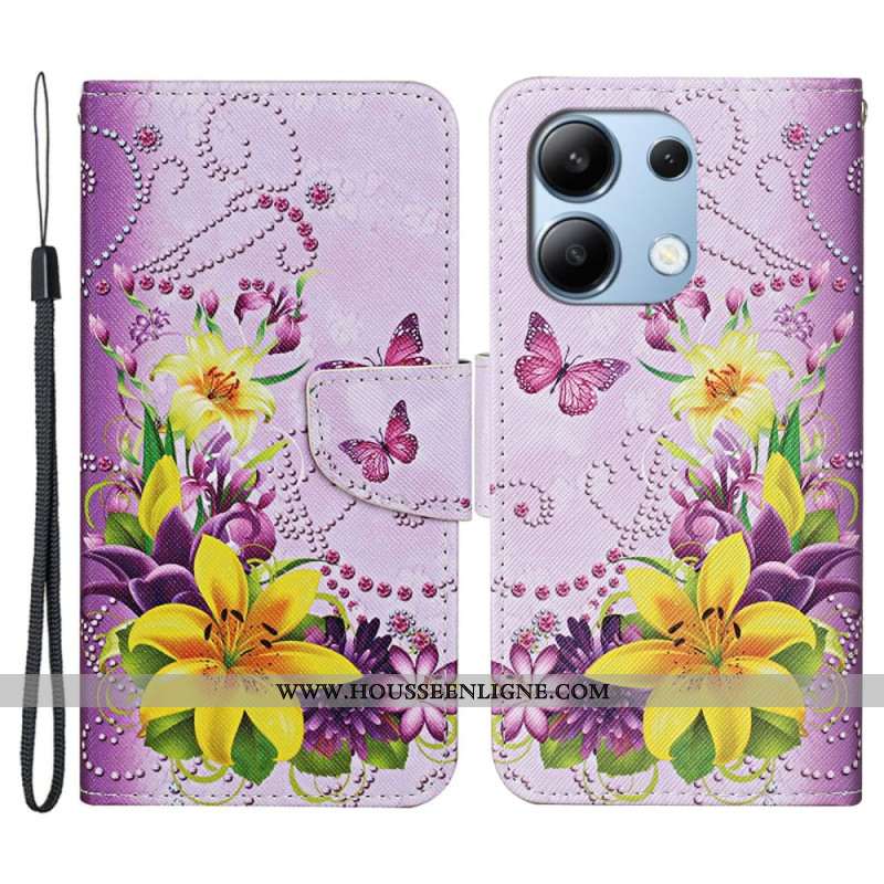 Housse Xiaomi Redmi Note 13 4G Motif Fleurs et Papillons à Lanière