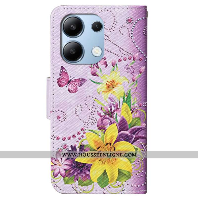 Housse Xiaomi Redmi Note 13 4G Motif Fleurs et Papillons à Lanière