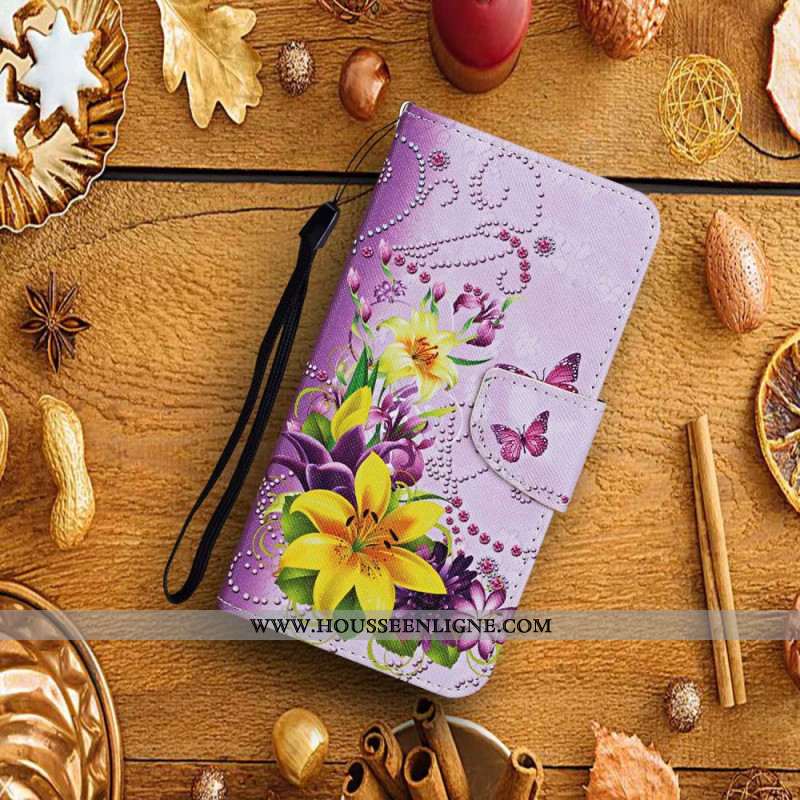 Housse Xiaomi Redmi Note 13 4G Motif Fleurs et Papillons à Lanière