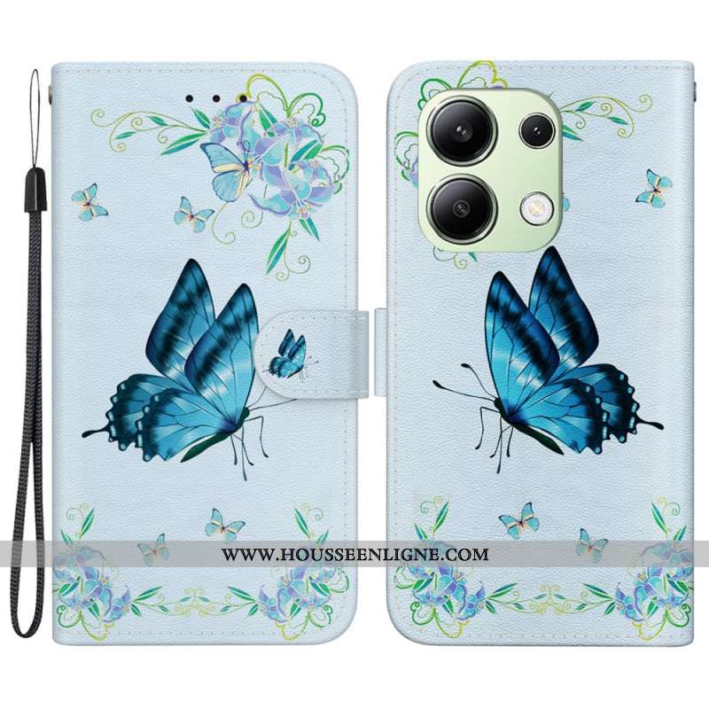 Housse Xiaomi Redmi Note 13 4G Papillon Bleu et Fleurs à Lanière