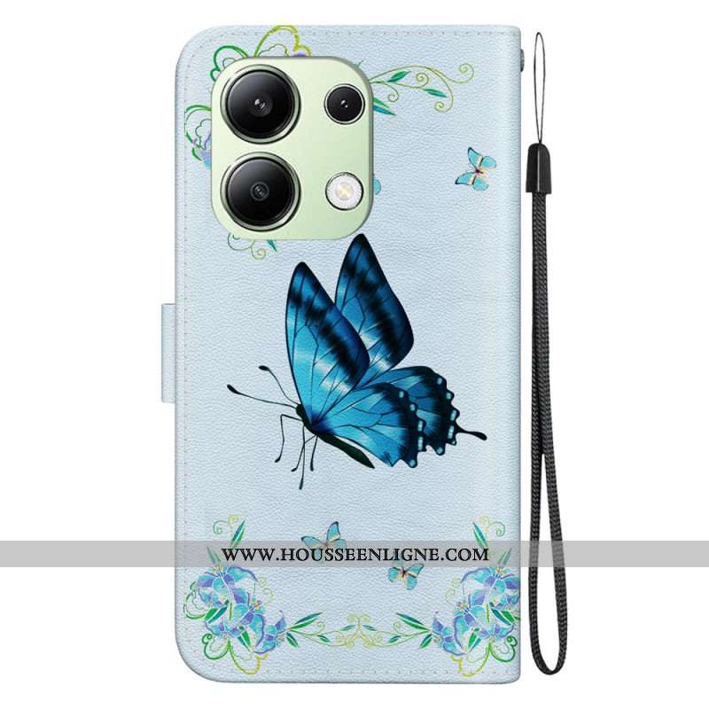 Housse Xiaomi Redmi Note 13 4G Papillon Bleu et Fleurs à Lanière