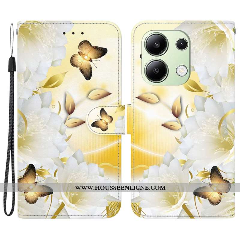 Housse Xiaomi Redmi Note 13 4G Papillons Dorés et Fleurs Blanches à Lanière