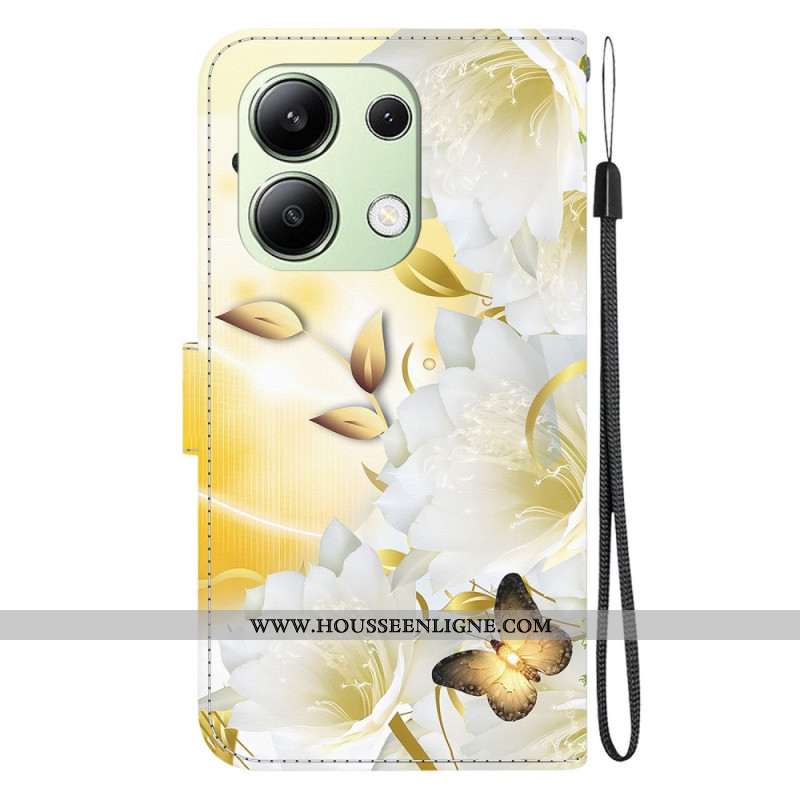 Housse Xiaomi Redmi Note 13 4G Papillons Dorés et Fleurs Blanches à Lanière