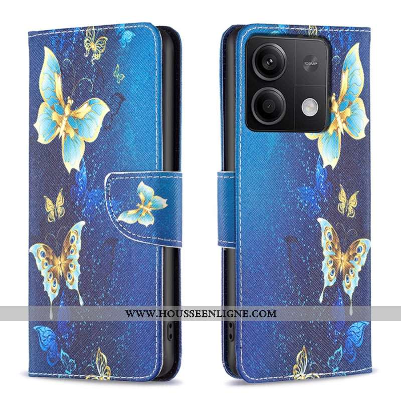 Housse Xiaomi Redmi Note 13 4G Papillons Dorés sur Fond Bleu