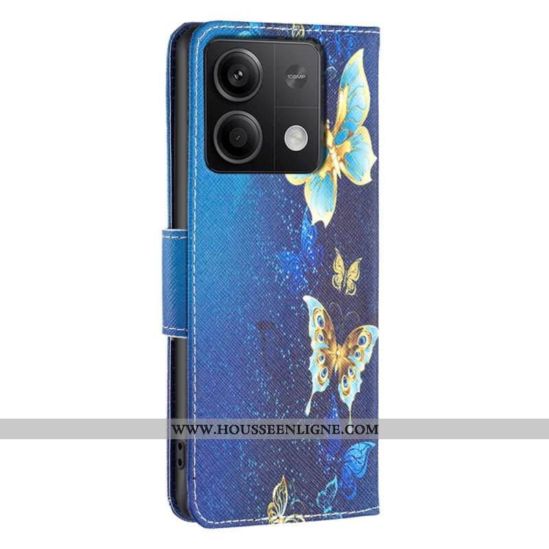 Housse Xiaomi Redmi Note 13 4G Papillons Dorés sur Fond Bleu