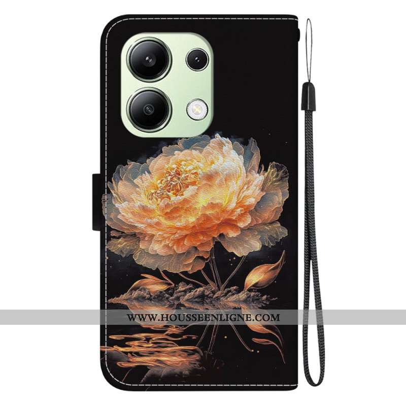 Housse Xiaomi Redmi Note 13 4G Pivoine Dorée à Lanière