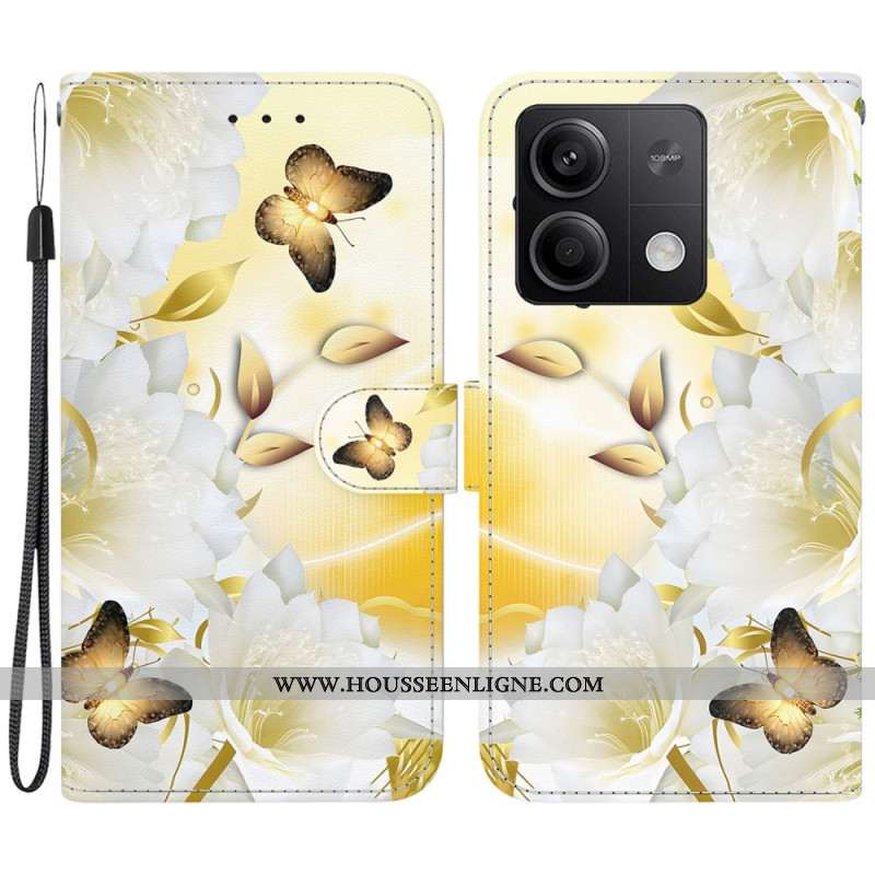 Housse Xiaomi Redmi Note 13 5G Papillons Dorés et Fleurs Blanches