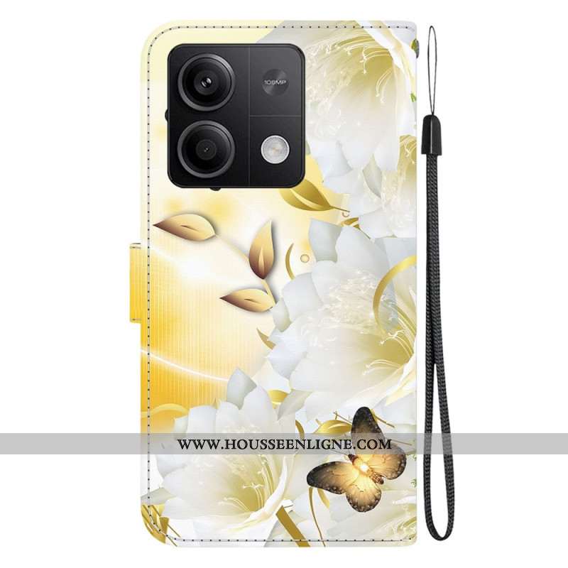 Housse Xiaomi Redmi Note 13 5G Papillons Dorés et Fleurs Blanches