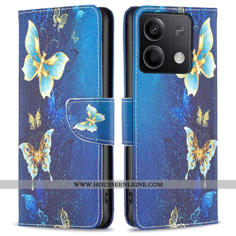 Housse Xiaomi Redmi Note 13 5G Papillons Dorés sur Fond Bleu