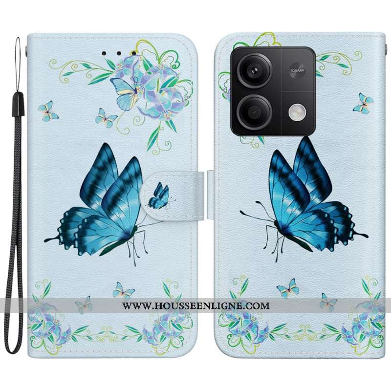 Housse Xiaomi Redmi Note 13 5G Papillons et Fleurs Bleus à Lanière