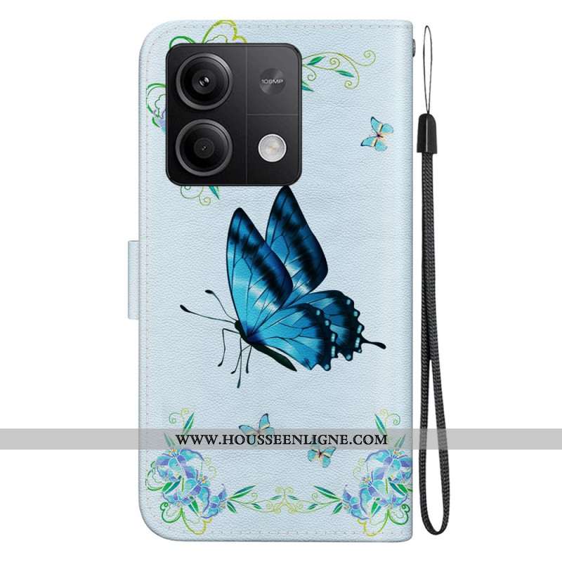 Housse Xiaomi Redmi Note 13 5G Papillons et Fleurs Bleus à Lanière